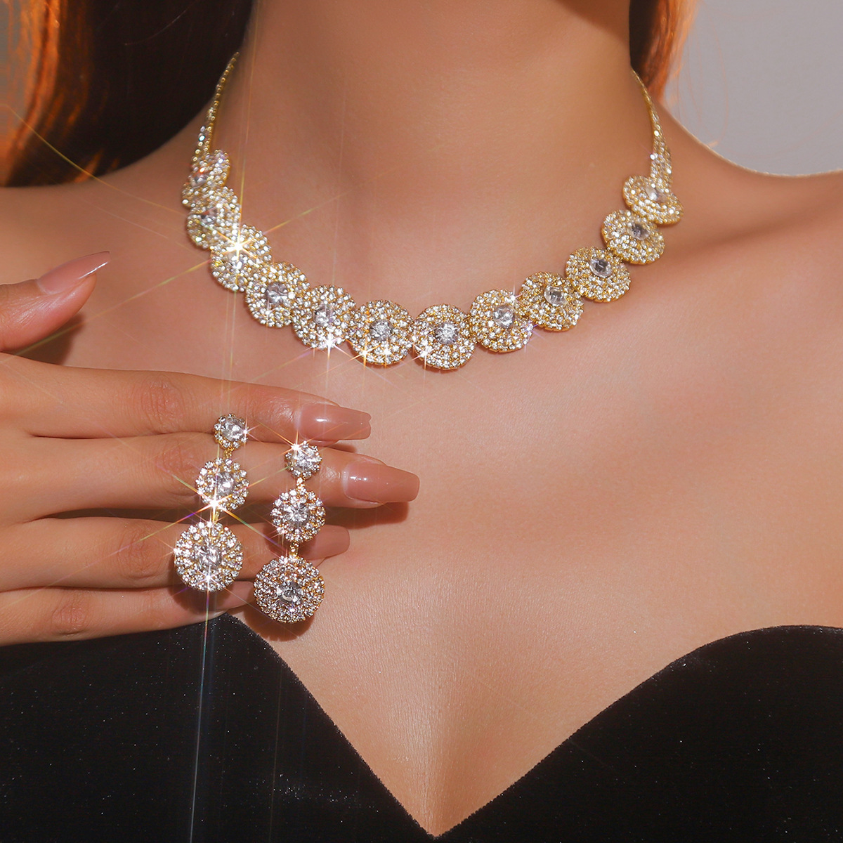 European and American Cross-Border High-Quality Round Shiny Crystal Necklace and Earrings Two-Piece Set Fashionable Bridal Wedding Accessories