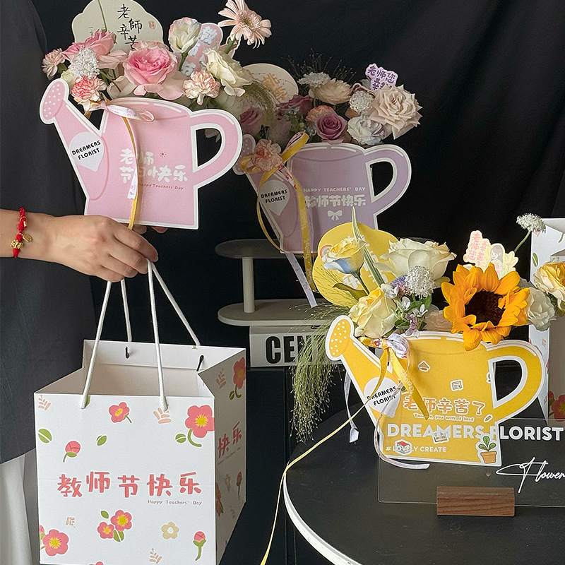 Net red teacher's day square bouquet bag round floral hug bucket flower flower arrangement decorative bucket flower shop flower bucket