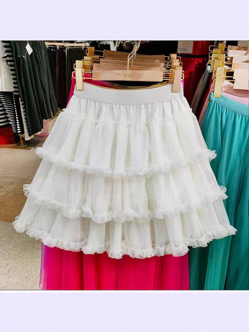 Wood-ear Stitching Mesh Skirt Women's Clothing Anti-slip Safety Lining Skirt High Waist A- shaped Puff Cake Skirt