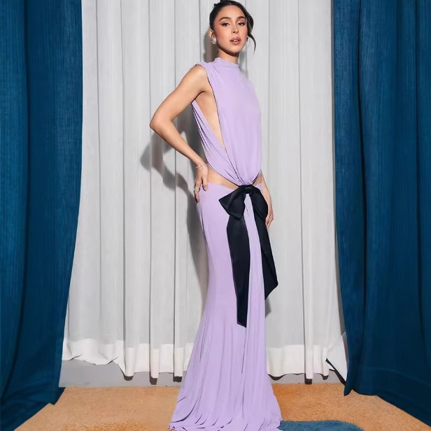 Elegant and Temperament Solid Color Sleeveless Open-waist Dress Black Bow Decorative Fishtail Long Dress Women's Gentle Style Wear