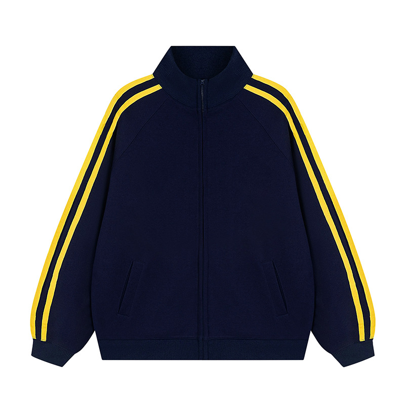 Picture of Korean version of the contrast color stand collar zipper sweater custom LOGO print three bar cardigan jacket overalls fleece-lined jacket