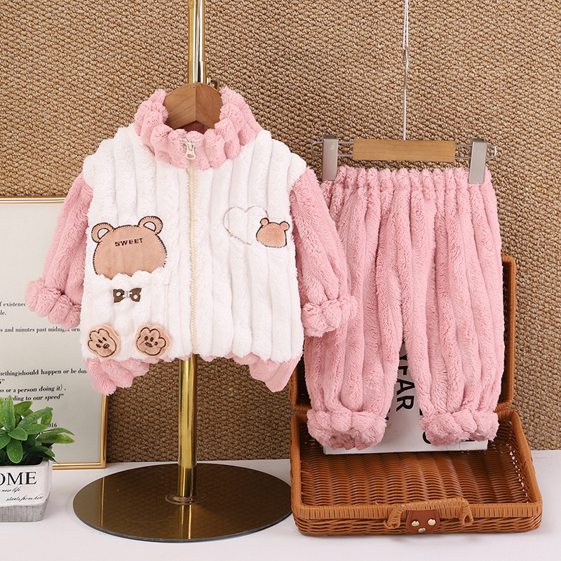 Picture of Boys and Girls Winter Home Clothes Zipper Shirt suit New Baby Outfit fleece-lined Thickened Bear Pajamas Two-piece Set