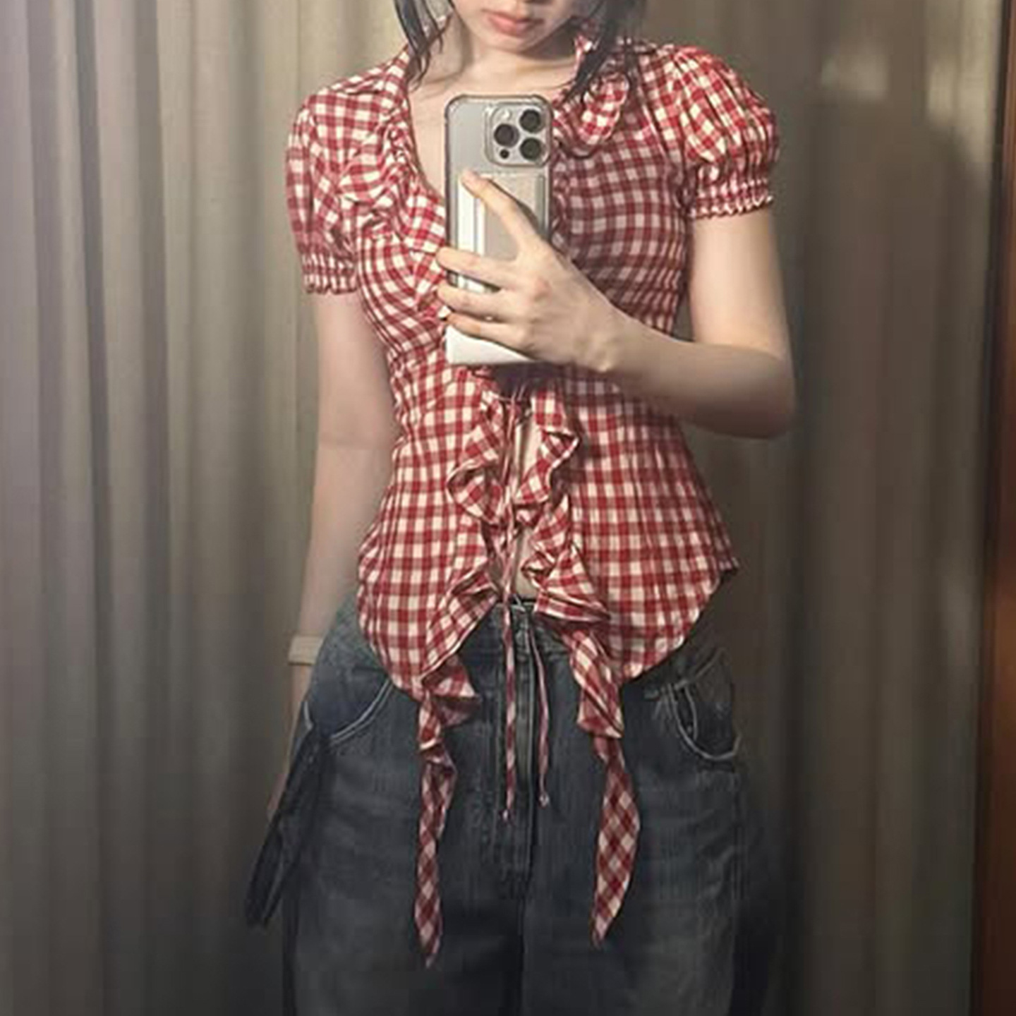 Picture of French Retro Red Plaid Shirt Top Cross-Border Women's Ruched Ruffle Tie Puff Sleeve Short-Sleeve T-Shirt
