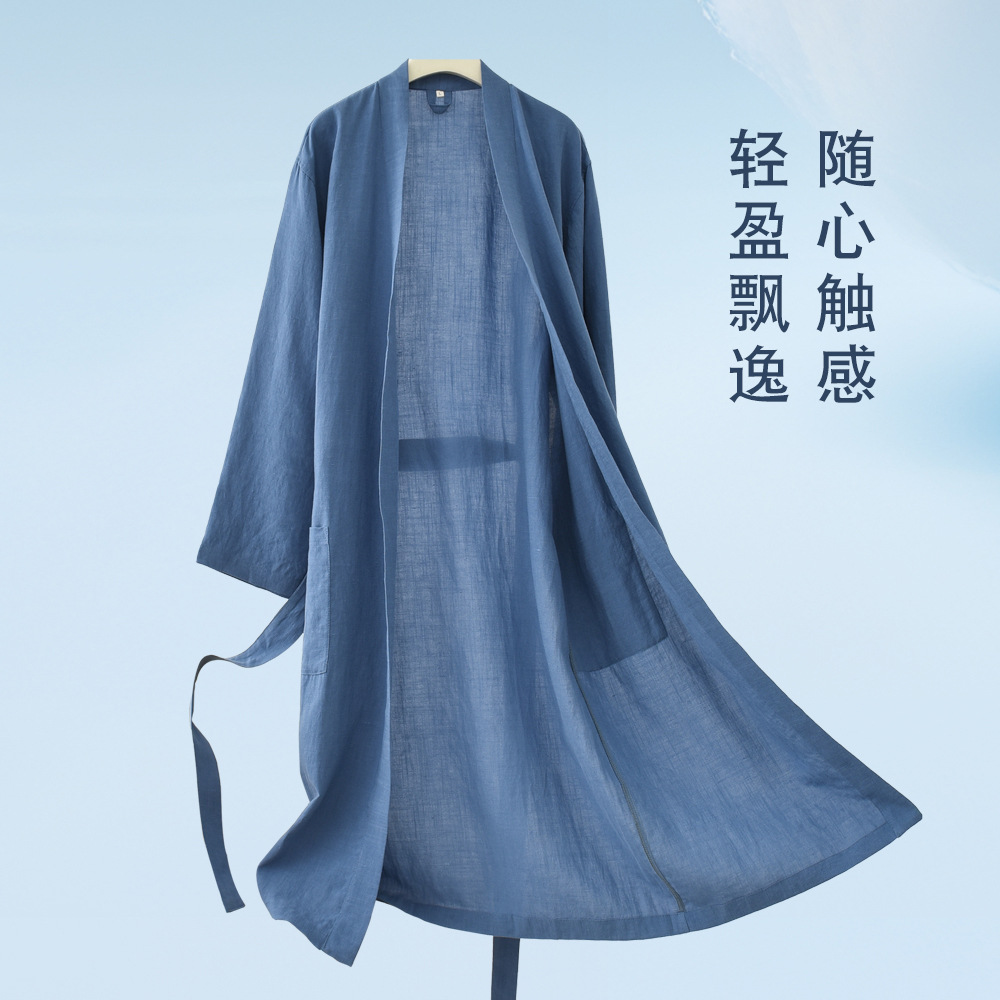Picture of Spring and Summer Gastrodia Linen Bathrobe Bathrobe Pajamas Nightgown Home Clothing Absorbent Breathable Skin-friendly Bacteriostatic Sensitive Skin