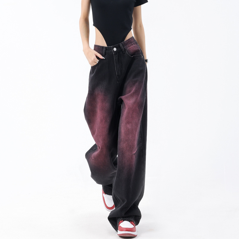American Retro Spring and Summer New Graffiti Washed Jeans for Women Retro Design Straight Wide Leg Trousers