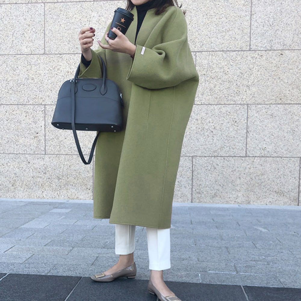 Japanese and Korean Quality Versatile Women's Outwear Light Green Extended Straight Outwear Winter New Elegant Slim Outwear