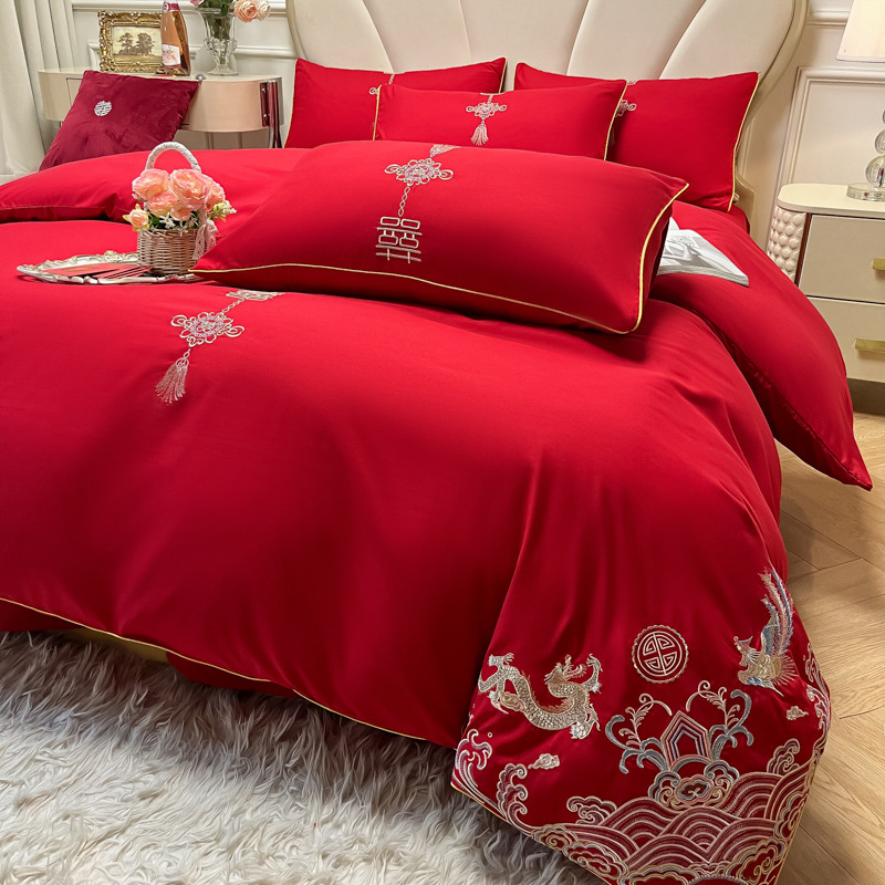 Picture of High-end European-style Wedding Four-piece Cotton Big Red Embroidered Sanding Quilt Cover Wedding Bedding Accompanying Wedding Room