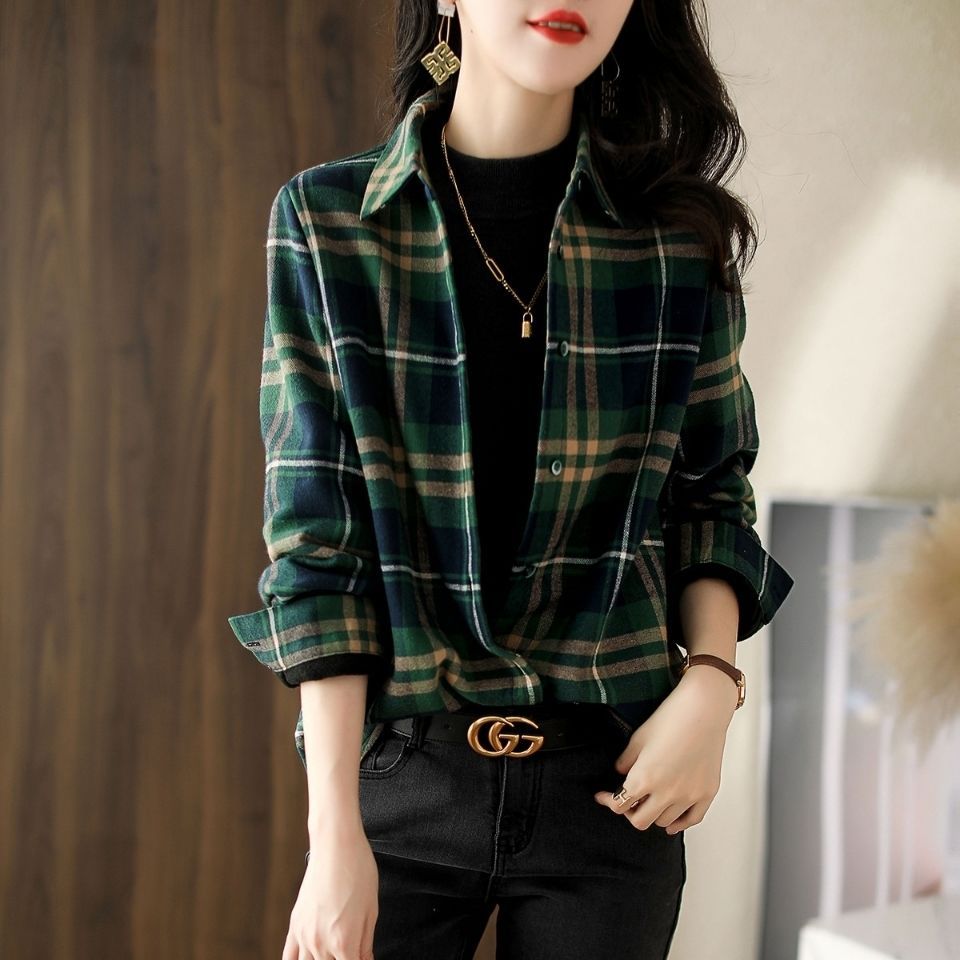 Picture of Brushed Plaid Long-Sleeved Shirt for Women Spring Cross-Border Retro Versatile Casual Shirt Loose Outer Top Jacket Trendy
