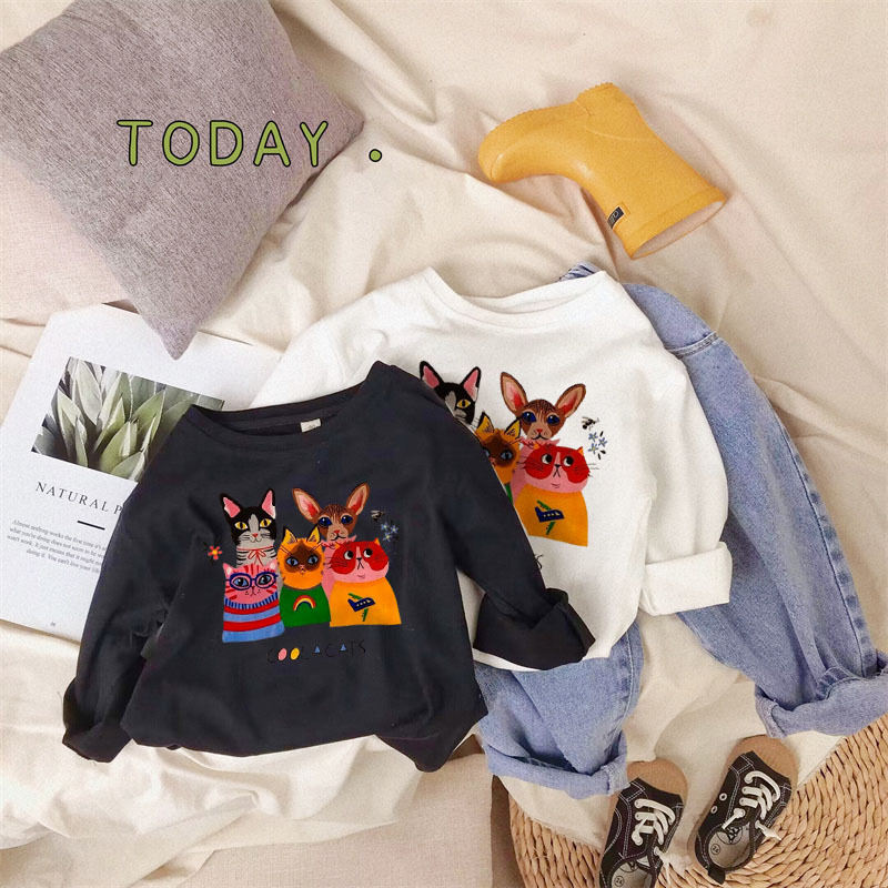 Pure Cotton T-Shirt Long-Sleeved Kidsren's Boys' and Girls' Tops 2025 Cute Kitten Kidsren's Simple Bottoming Shirt Spring & Fall