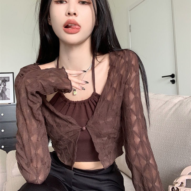Picture of American-style sweet and spicy mesh shirt women's summer new outer cardigan thin pure style slim-fit short long-sleeved top