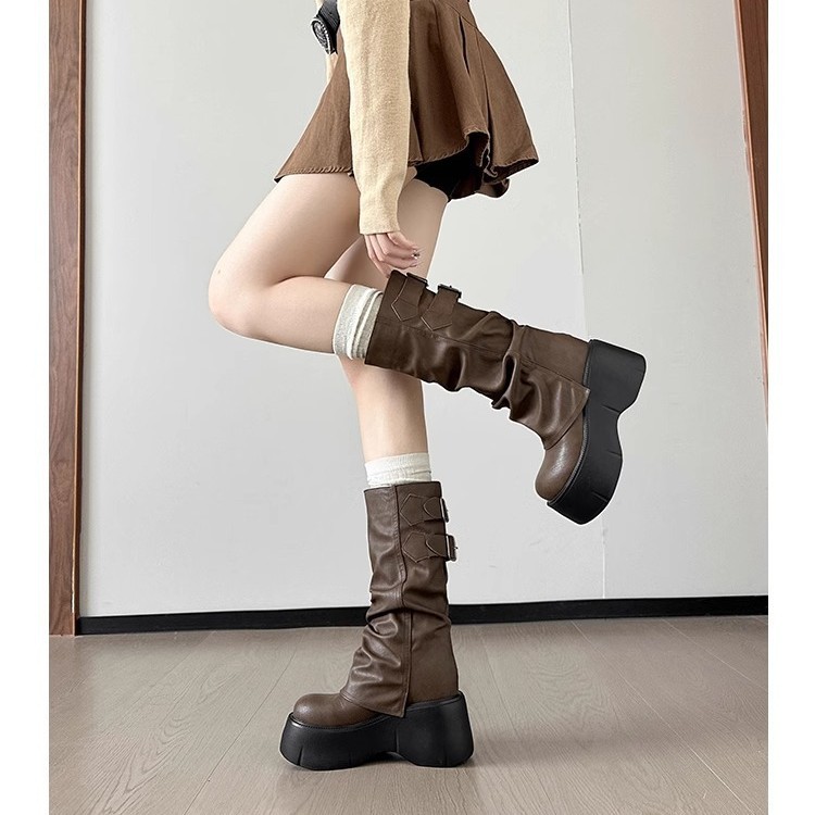 Inner Heightened Boots Women's Thick Bottom Heightened Boots 2025 New Genuine Leather Boots for Small Women's trouser muffin knight boots