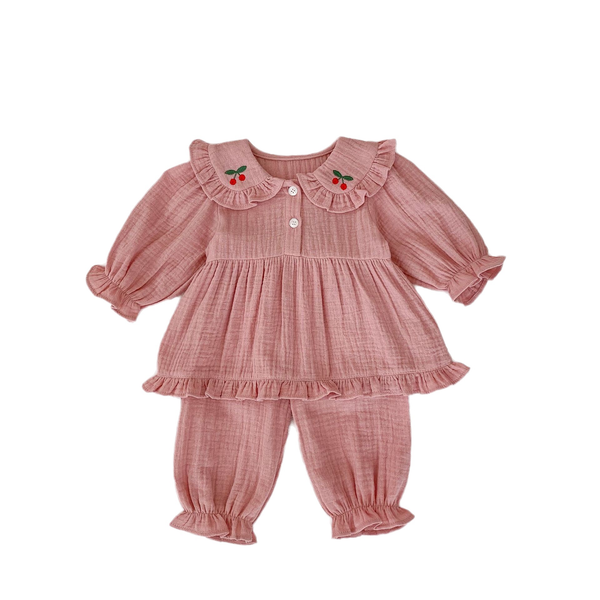 Picture of 2025 Spring and Autumn New Infant Home Clothing Set for Baby Girls, Simple Cherry Long-Sleeve Top and Pants Two-Piece Set