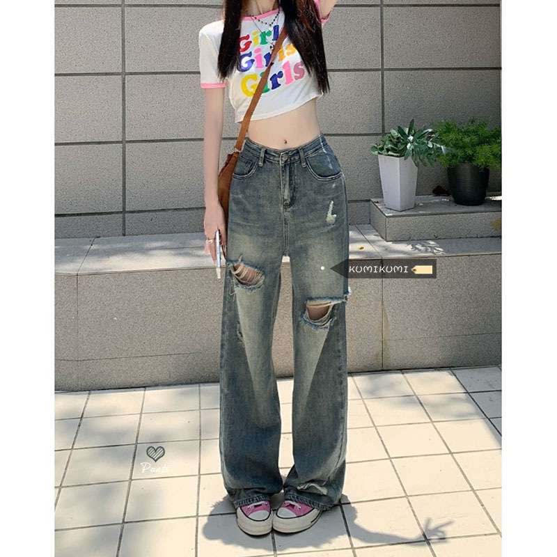American New Retro Ripped Trousers Loose Jeans Women's Spring and Autumn Wide Leg Pants Trendy High Waist Pants