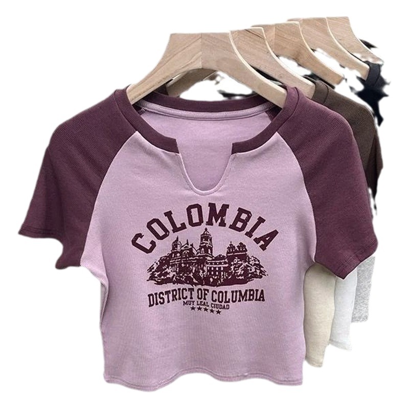 Summer Korean Style New Fashion Pure Elegant V-neck Contrast Color Letter Printing Niche Chic Short-sleeved T-shirt Women's Top