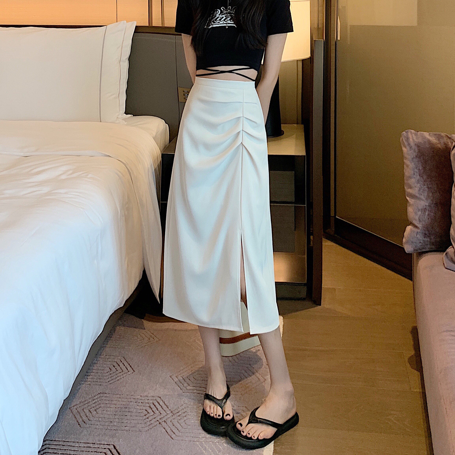 New Slim Split A- Line Skirt Korean Style 2023 Morning High Waist Mid-Length Pleated Skirt Women's Autumn Hip Skirt