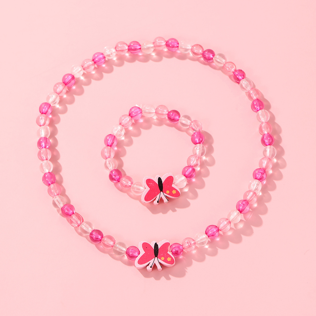 New Transparent Acrylic Color Beaded Butterfly Pendant Necklace Bracelet Set