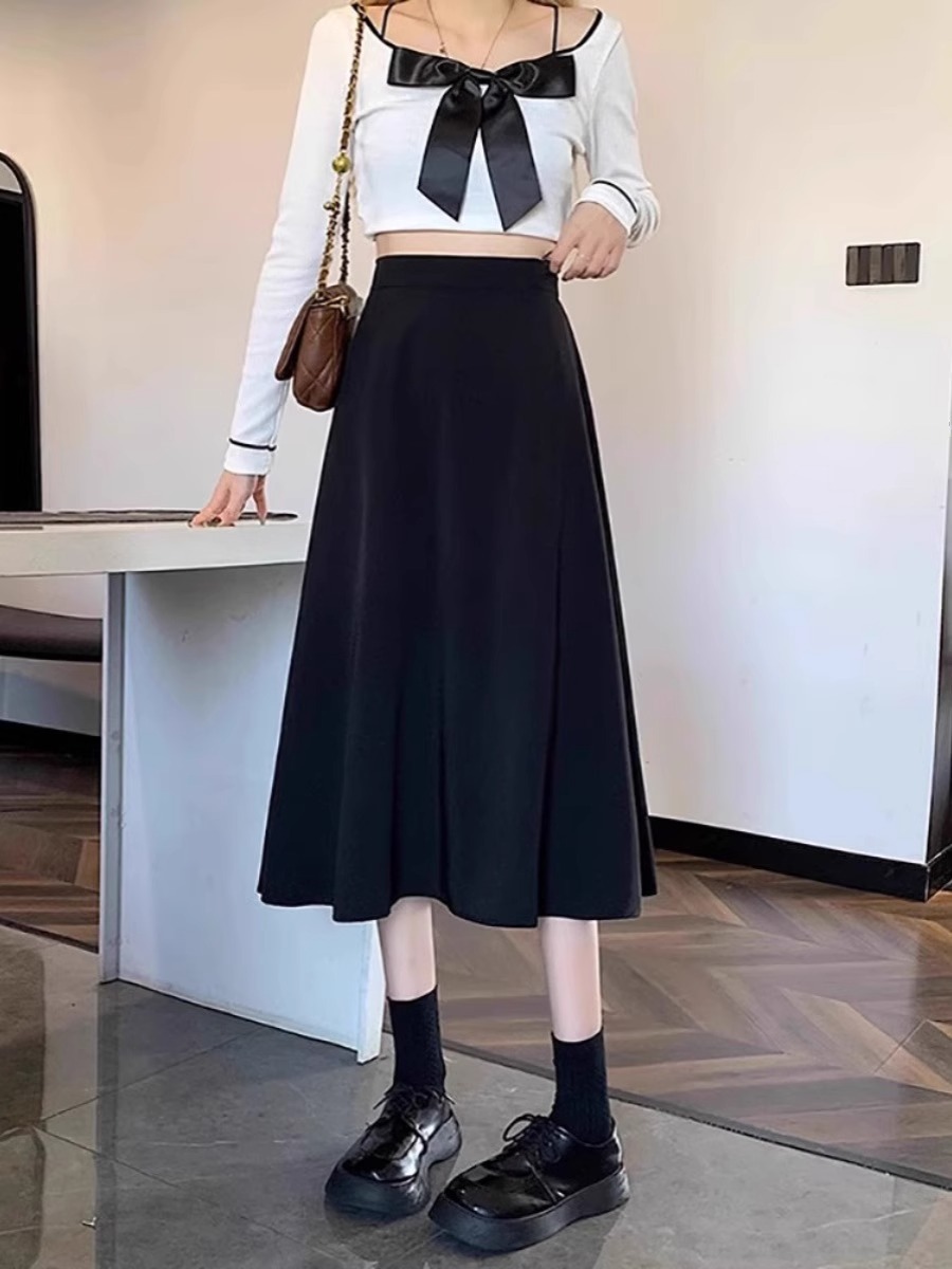 Women's 2024 New Mid-length High Waist Slimming A- line Skirt Black High-end Light Mature Style Large Umbrella Skirt