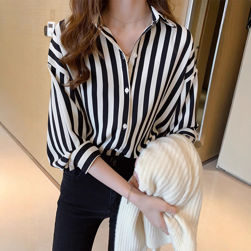 Striped Shirt Women's 2023 Autumn New Retro Hong Kong Style Design Niche Top Chiffon Shirt Base Shirt Trendy