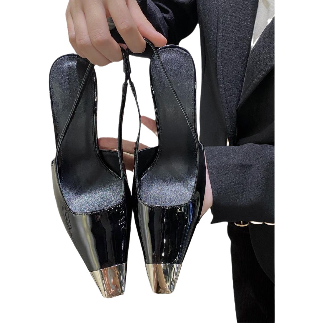 Black European and American Patent Leather High Heels 2025 Spring and Summer New Metal Square Toe Stiletto High Heels Non-Slip Flats for Women