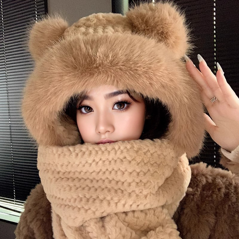 Picture of Cute Bear Hat Gloves Three-in-One Scarf Plush Hat Winter Riding Women's Easy Outdoor High-Level Warm Hat