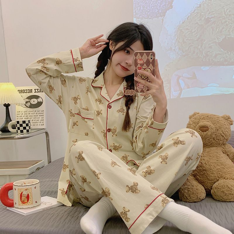 Picture of New Ins Pajamas for Women Simple Stripesd Internet Celebrity Long-Sleeved Cardigan Girl Korean Version Thin Home Wear Set Wholesale