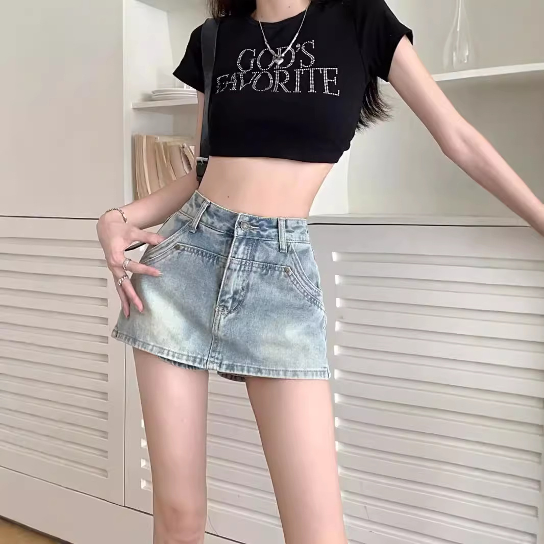 American Style Retro Blue Denim Skirt Women's Summer Hot Girl Hip Skirt High Waist A- Line Skirt Anti-Light Pants Skirt