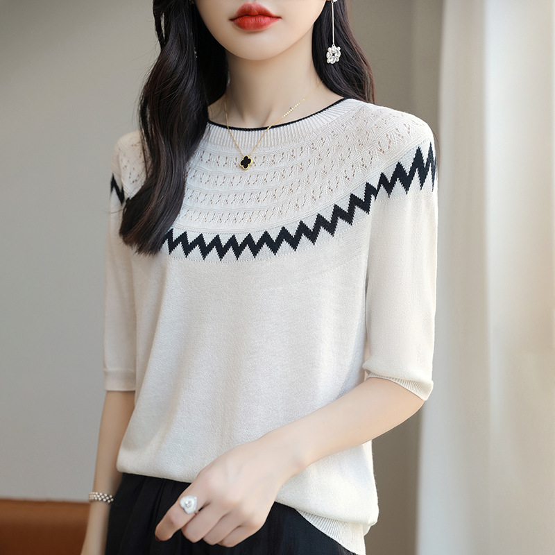 New Style First-Line Ready-To-Wear Thin Hollow-Out Tencel Fine-Spun Wool Round-Neck Short-Sleeve Women's Loose Color-Blocked Ice Silk T-Shirt