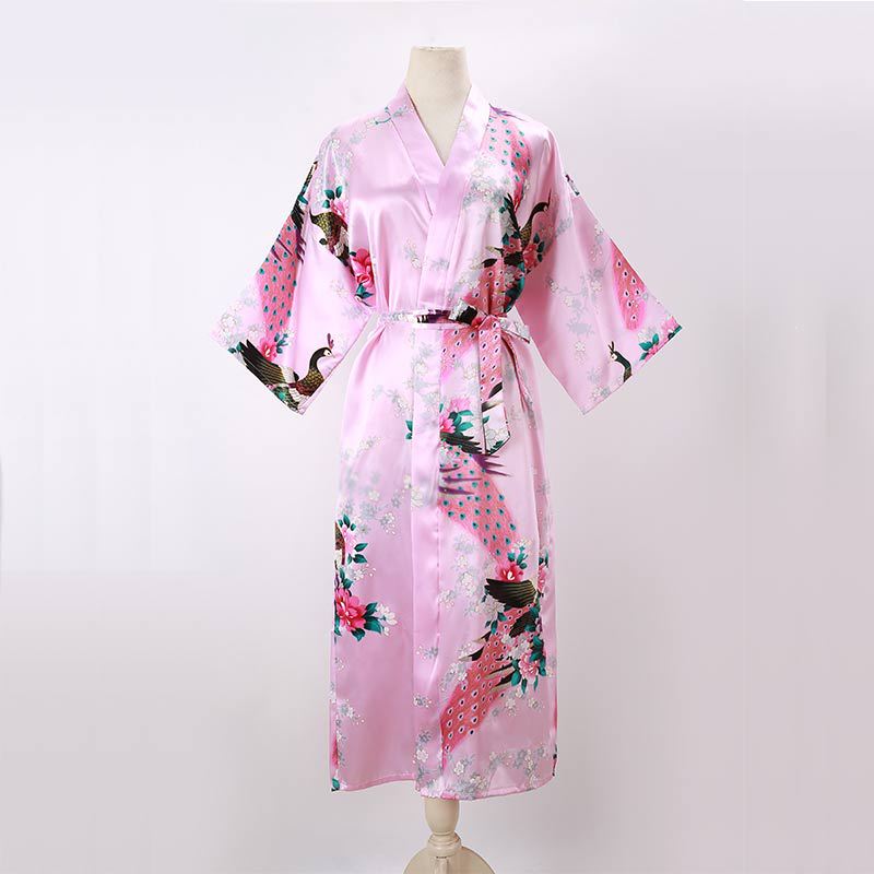 Picture of Women's Sexy Long Pajamas Summer Kimono Robe Thin Peacock Print Bathrobe Imitation Silk Kimono Nightgown Foreign Trade