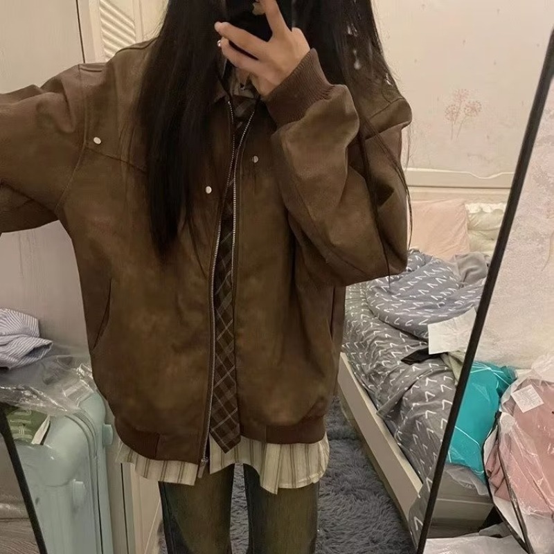 Cross-border American Retro Brown PU Leather Coat Women's Spring and Autumn Loose Casual All-match Motorcycle Jacket Top Trendy Brand