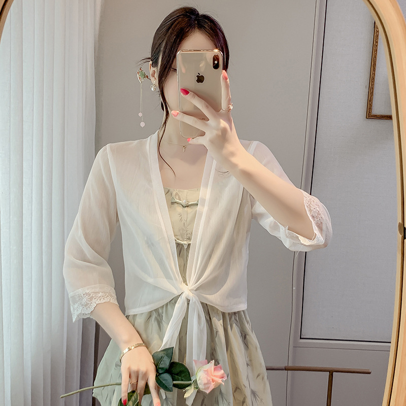 White Short Small Shawl Summer Matching Skirt Outer Chiffon Cardigan Women's Thin Air-conditioning Shirt Sunscreen Coat Trendy