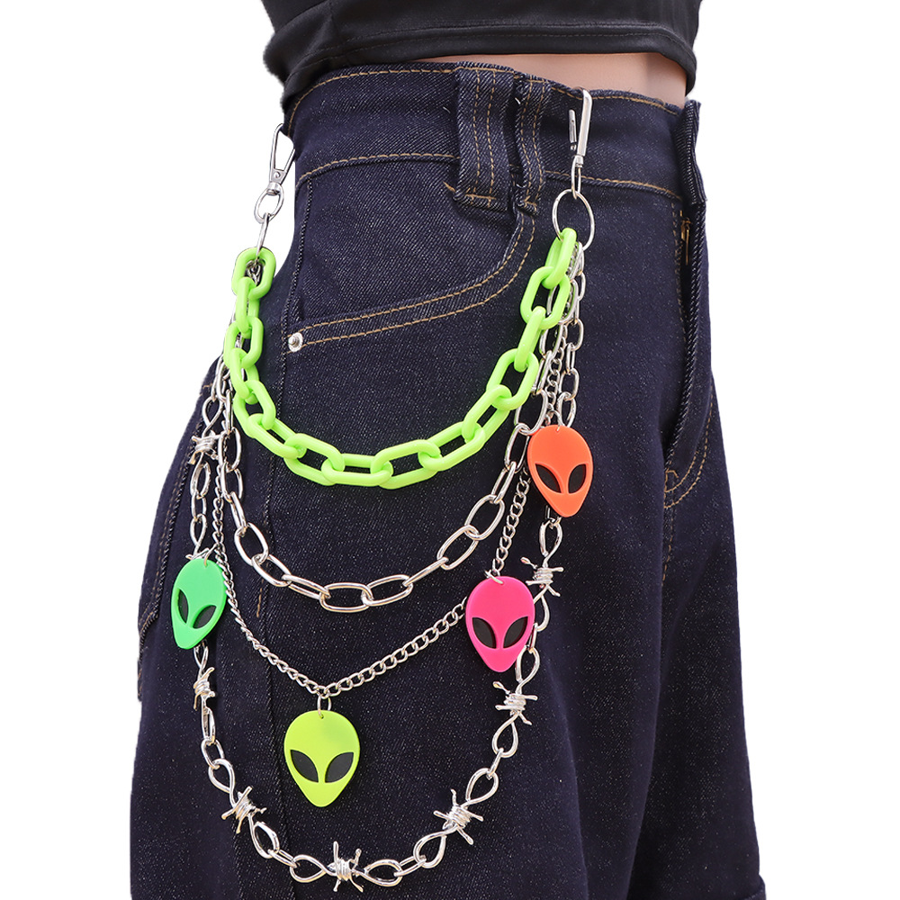 European and American Cross-border Jewelry Color Fluorescent Plastic Chain Alien Pendant Waist Chain Women's Punk Metal Spike Pants Chain