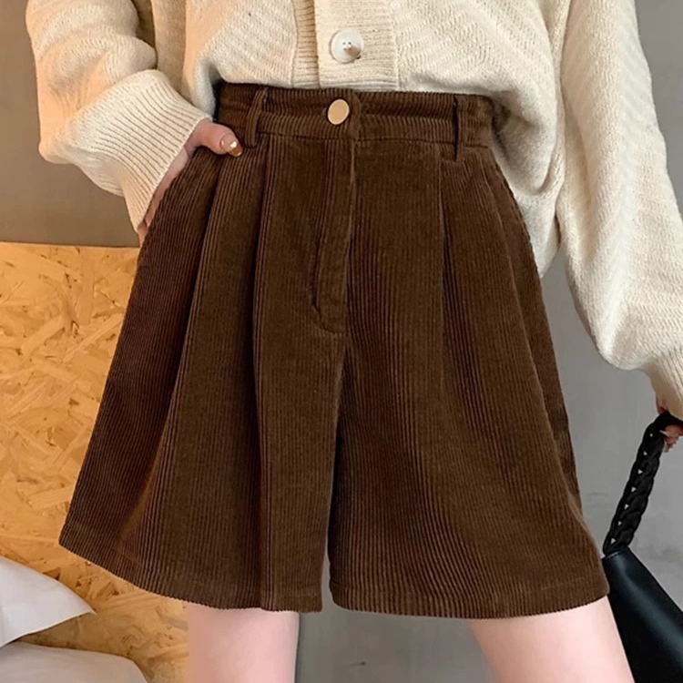 2023 Spring and Autumn Wide Leg Corduroy Shorts Women's High Waist Loose Slim Design Niche Small Casual Pants