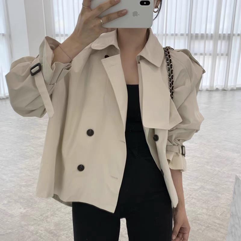 South Korea Chic Autumn French Niche Lapel Design Double-breasted Loose Short Long-sleeved Work Coat Jacket