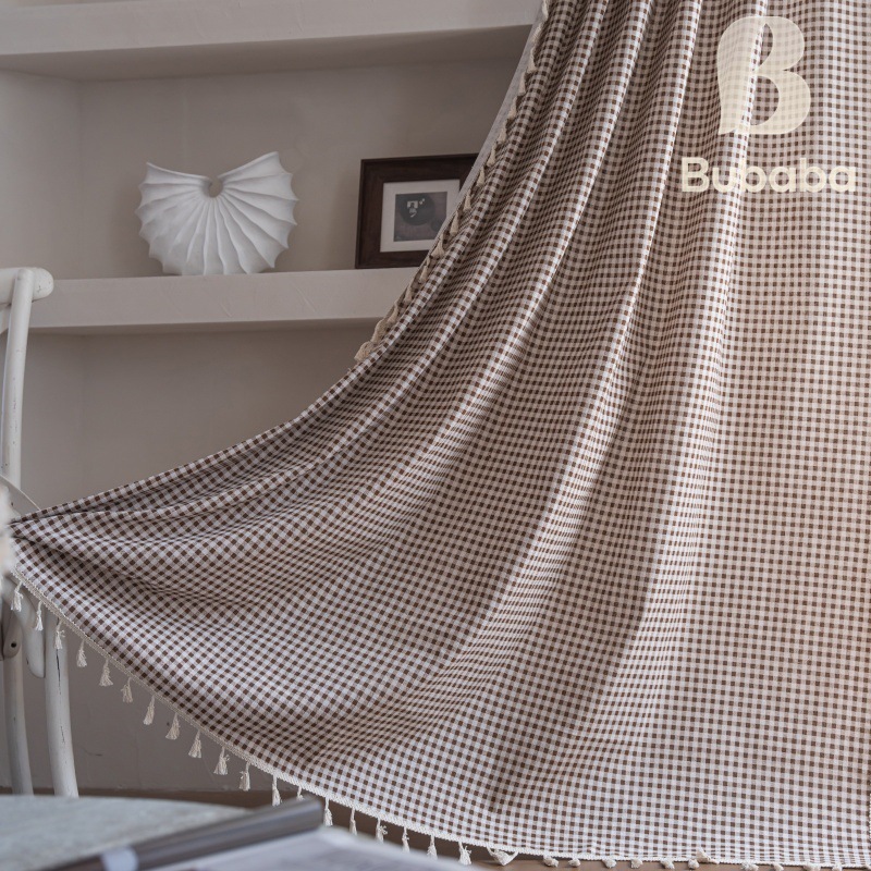 Picture of Flying cat cross-border new curtain plaid printed kitchen curtain beige tassel semi-shading decorative curtain factory wholesale