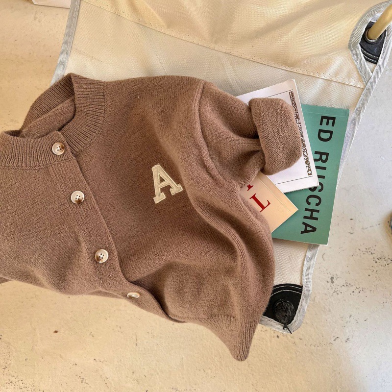 Picture of [in stock] children's sweater cardigan spring and autumn new boys and girls solid color letters cardigan baby sweater