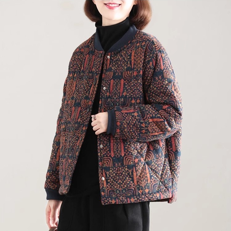2024 Winter New Korean Style plus size Flesh Covering Casual Printing Retro Western Style Round Neck Cotton Thickened Cotton Jacket