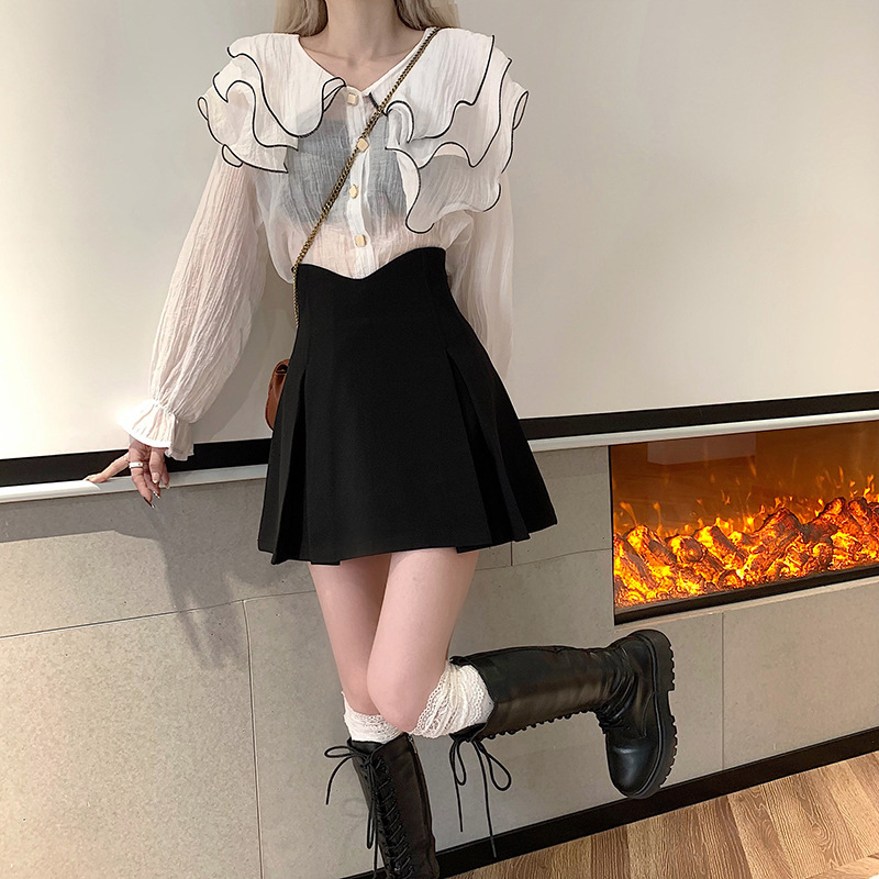 Summer black plus size high waist anti-exposure A- line skirt sheath cross-body small pleated skirt female campus style F