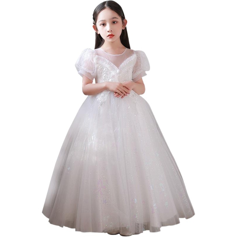 Children's Long Wedding Dress, Girl's Fluffy Mesh Princess Dress, Piano Performance, Middle and Older Children's Performance Clothing Wholesale