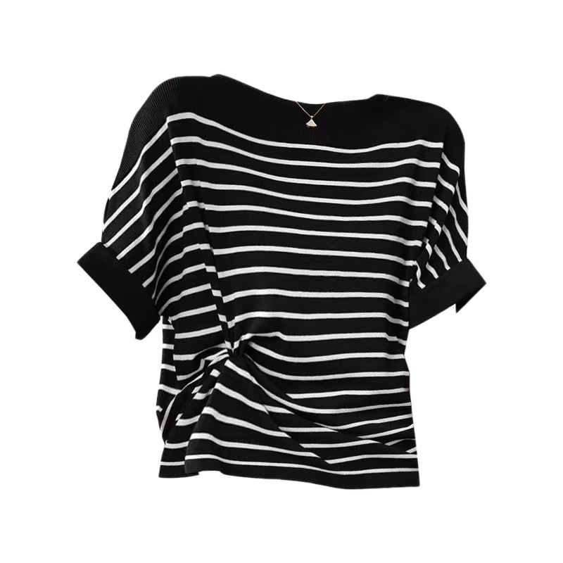 Picture of Women's all-match loose-fit striped bat-sleeve top comfortable pullover base shirt for summer