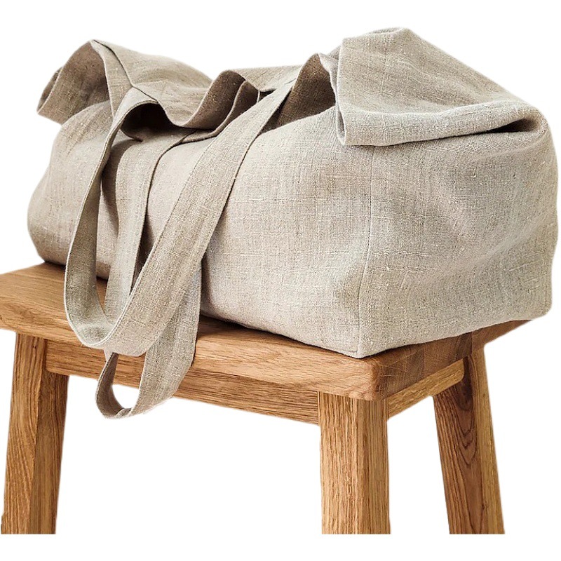 Ins Style Large Linen Beach Bag Natural Linen Cotton Large Capacity Canvas Bag Simple Shoulder Shopping Bag