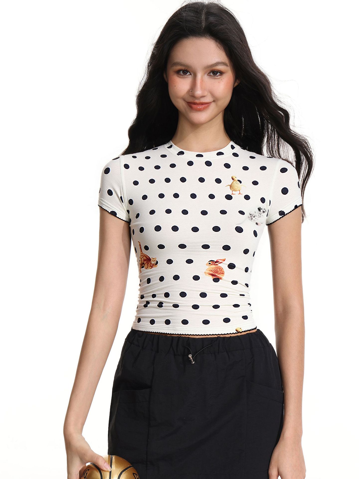 Polka dot playful cartoon animal print cropped T-shirt for women, summer crew neck, slimming straight-shoulder short-sleeve, chic top