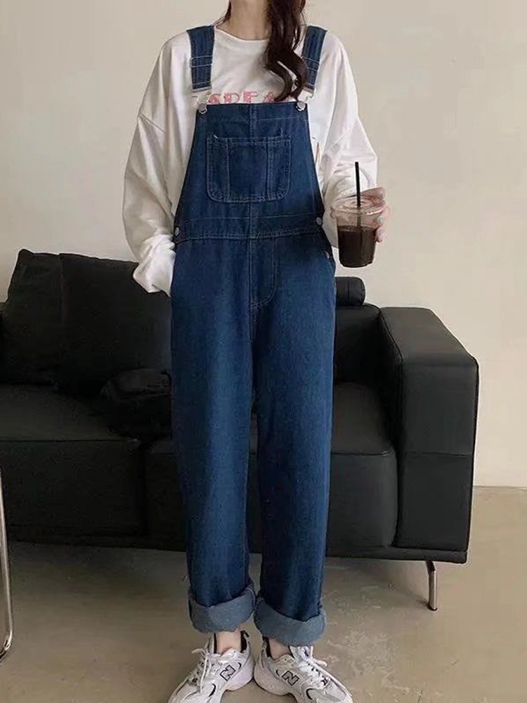 Chubby Girls Age-reducing Denim Overalls Women's Loose Large Size Women's 2023 Autumn and Winter New Trendy Hyun-a Wide Leg Pants Slimming