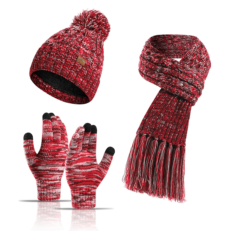 Picture of Winter Hat New Style Knitted Wool European and American Cross-Border Color Hat Thickened Scarf Touch Screen Gloves Three-Piece Set