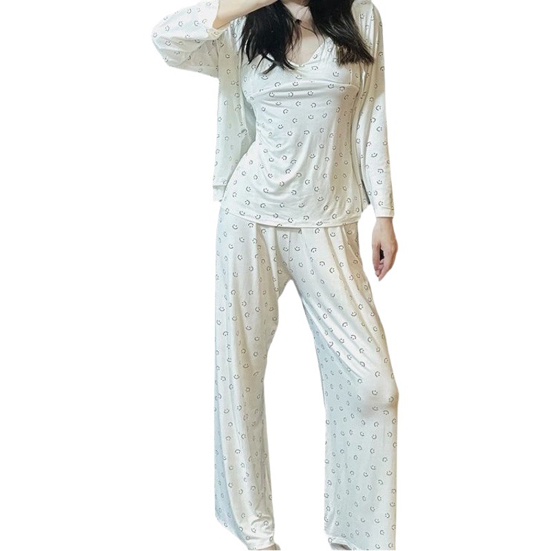 Pajamas women's three-piece long-sleeved trousers with chest pad simple casual advanced smiley face black printed home wear cross-border