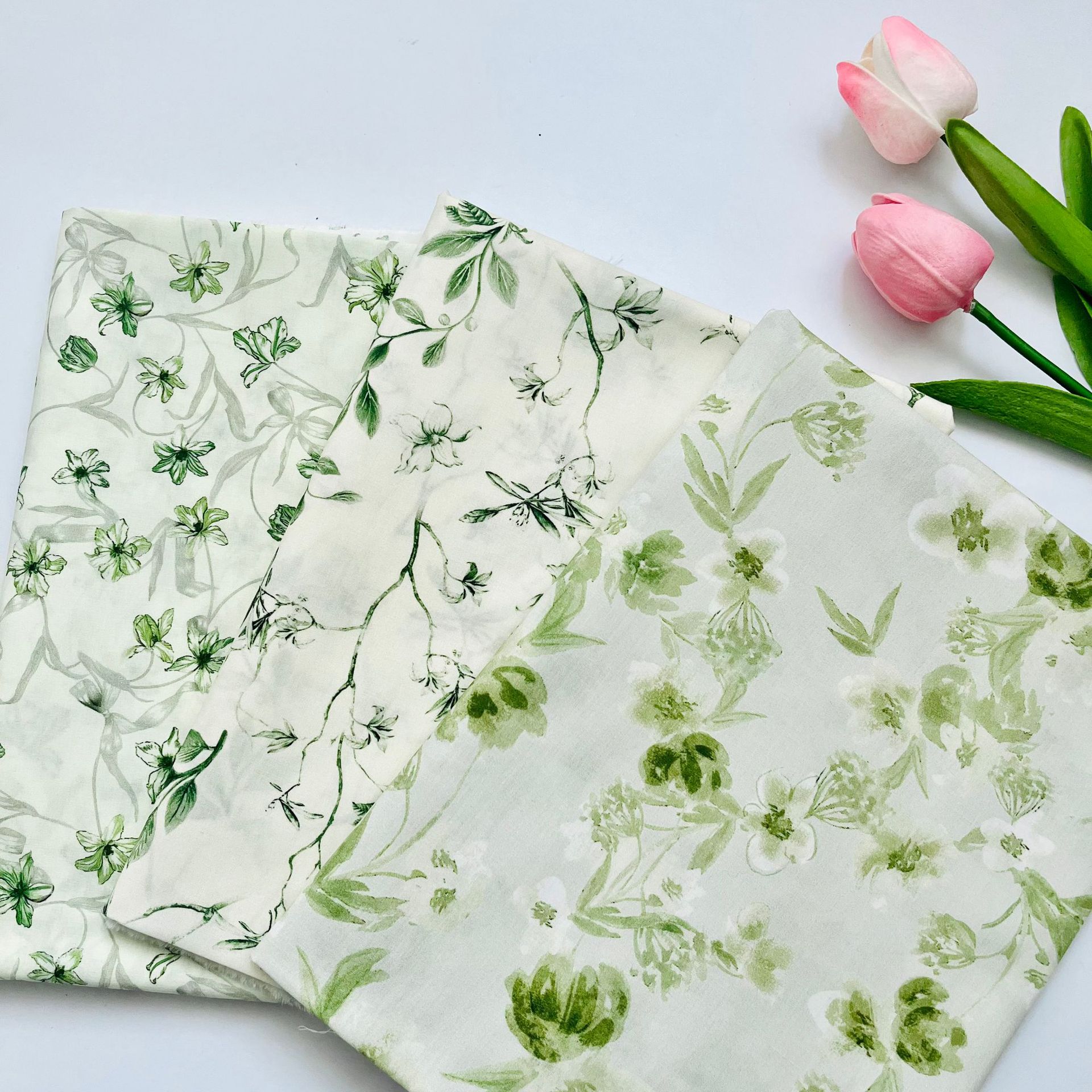 Cotton 60-Count Digital Printed Fabric, Green Small Floral, Bags, Home Clothes, Dress and Shirt Fabrics