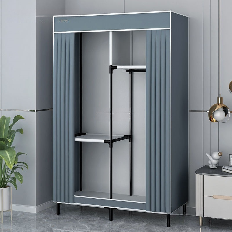 Simple Wardrobe Home Bedroom All Steel Frame Single Dormitory Assembled Fabric Wardrobe Rental Storage Floor-Standing Wardrobe