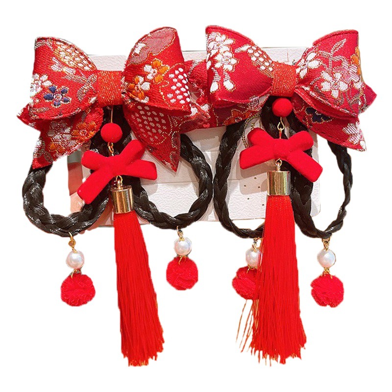 New year headdress girls' bow tassel hairpin ancient style hanfu baby wig braid Chinese style children hairpin