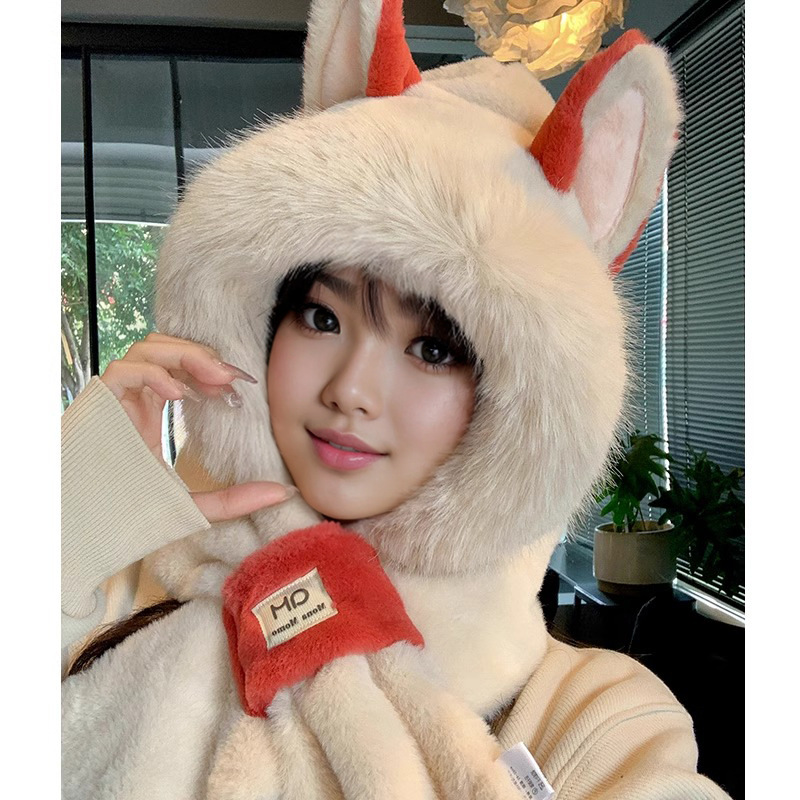Picture of Cute Bear Hat Gloves Three-in-One Scarf Plush Hat Winter Riding Women's Easy Outdoor High-Level Warm Hat