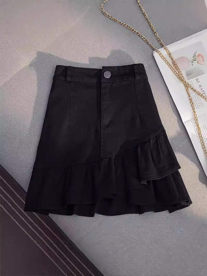 Irregular ruffle skirt 2024 autumn high waist A- shaped hip slim white Denim skirt women's anti-light