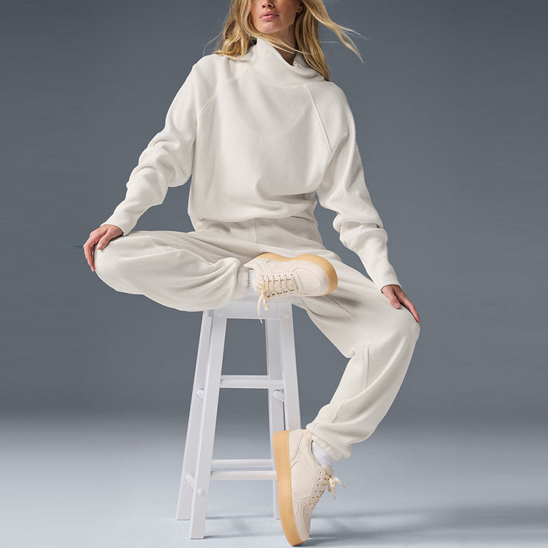Cross-Border Autumn and Winter New Waffle Turtleneck Loose Sweatshirt Pullover Long-Sleeved Casual Versatile Sports Pants Suit for Women